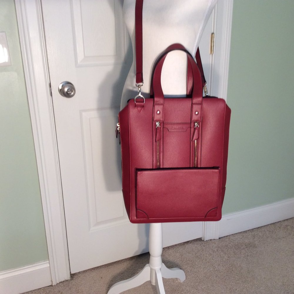 ESTARER LAPTOP SHOULDER BAG, LEATHER, 16"x12"x3.5", WINE